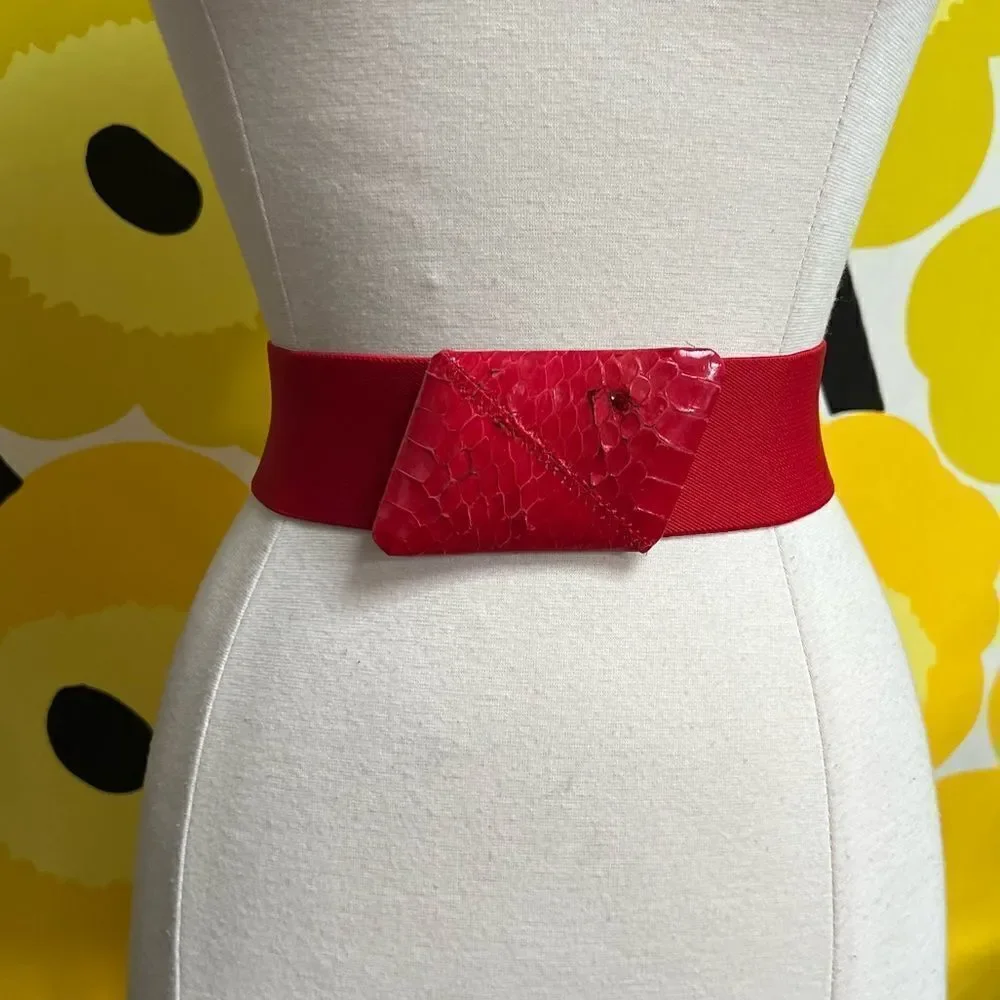 Vintage 1980s Cherry Red Elastic Belt with Snakeskin Buckle